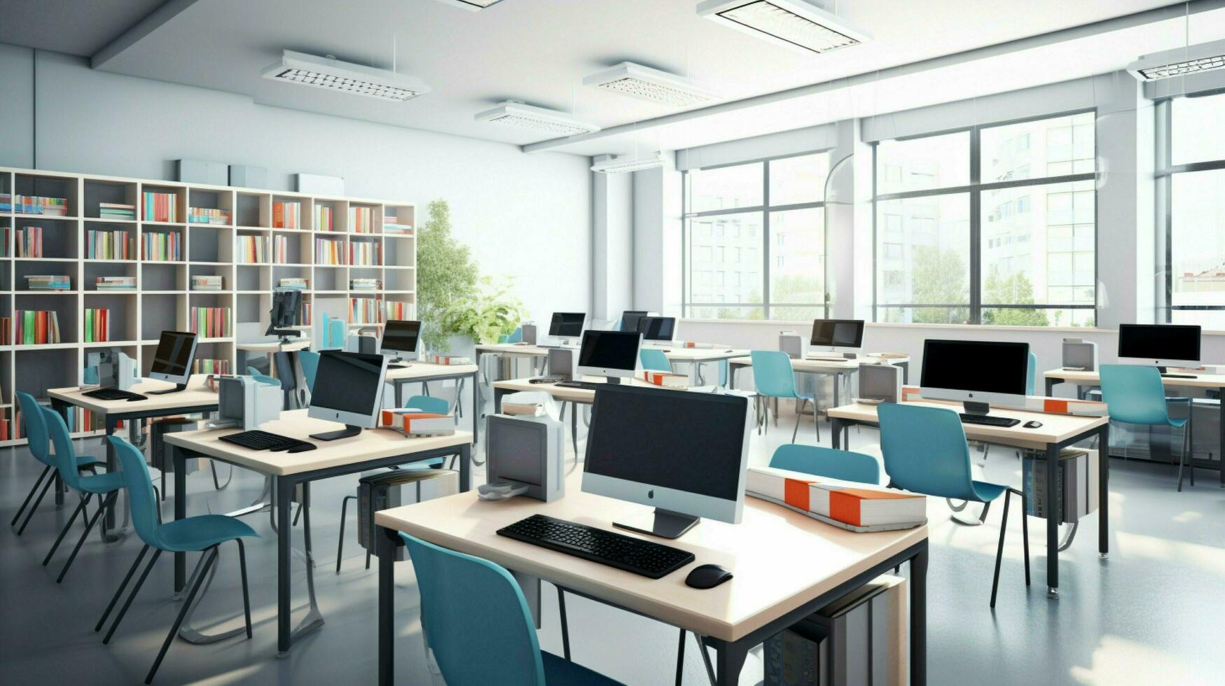 modern classroom with computer equipment for learning photo