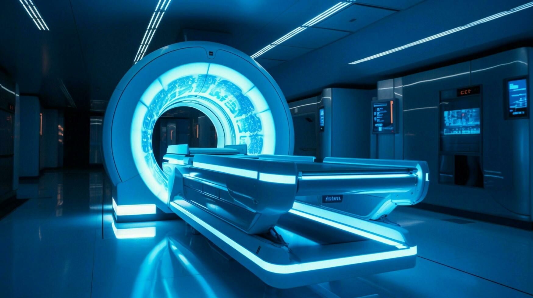 modern hospital machinery illuminates blue mri scanner photo