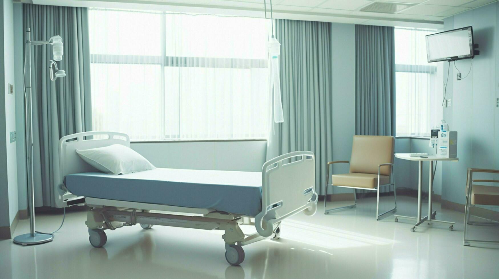 modern hospital room with empty bed and chair photo