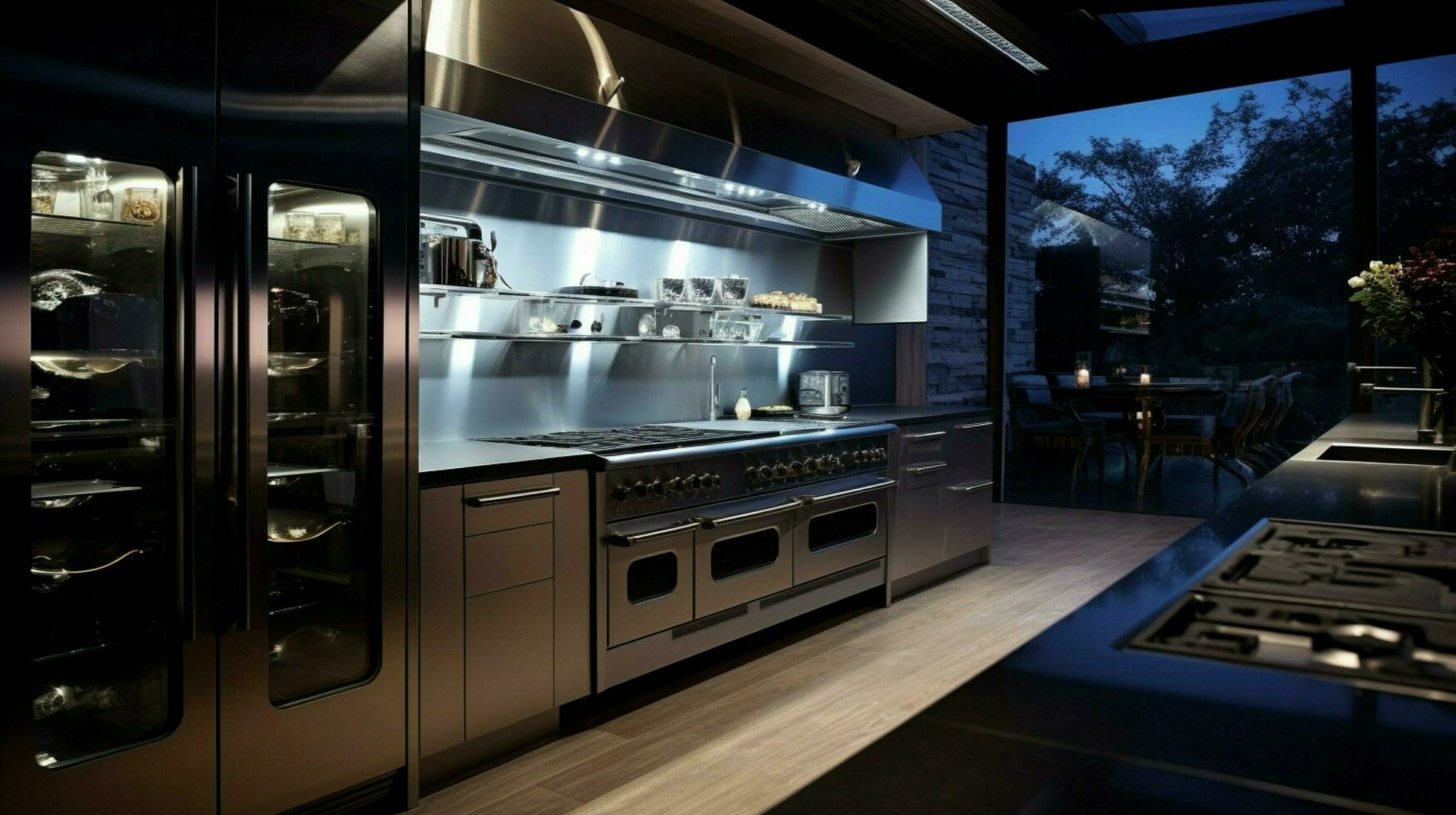 modern kitchen equipment shining steel appliances gleam photo