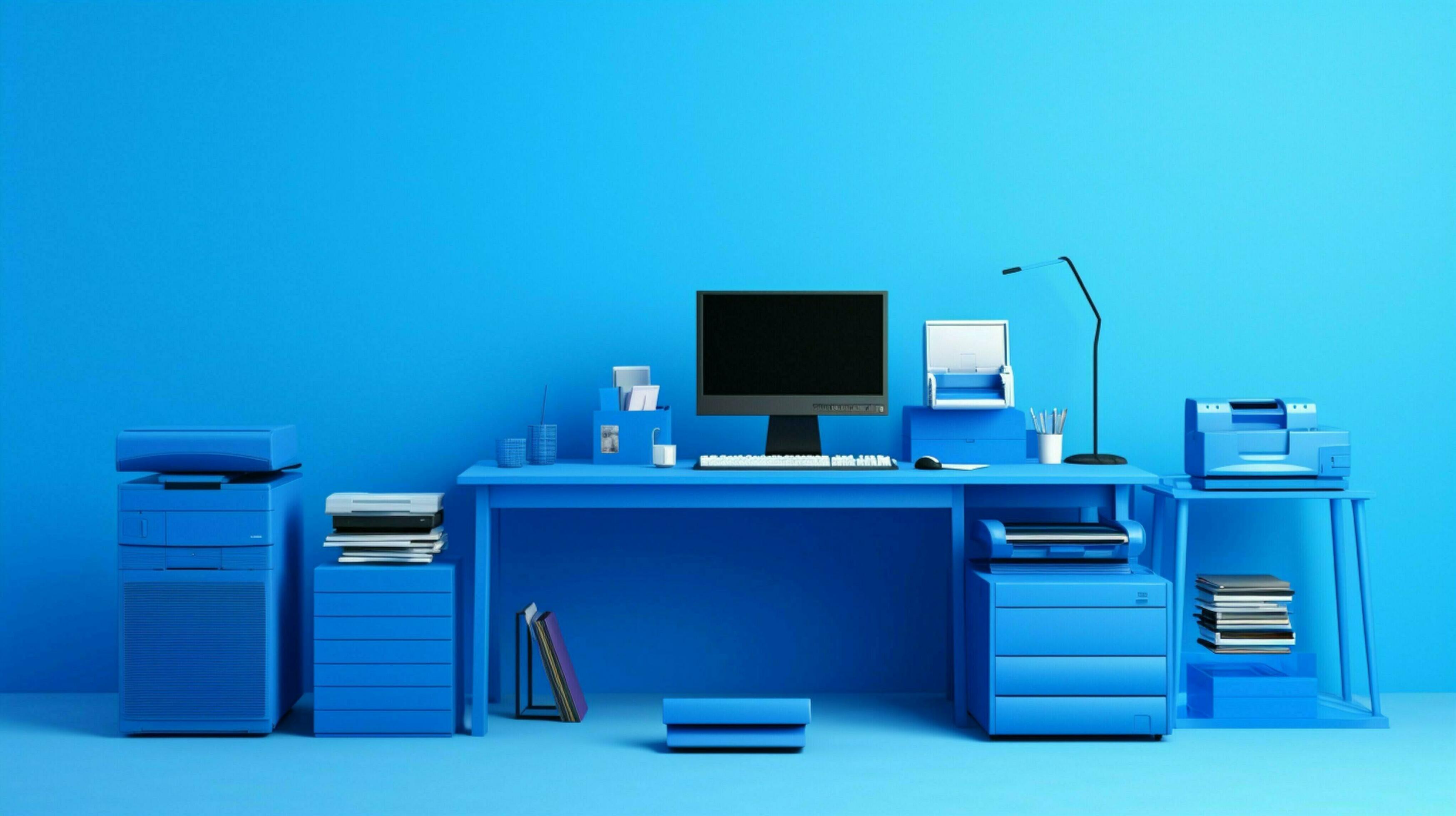 modern office equipment on a blue desk 32943705 Stock Photo at Vecteezy