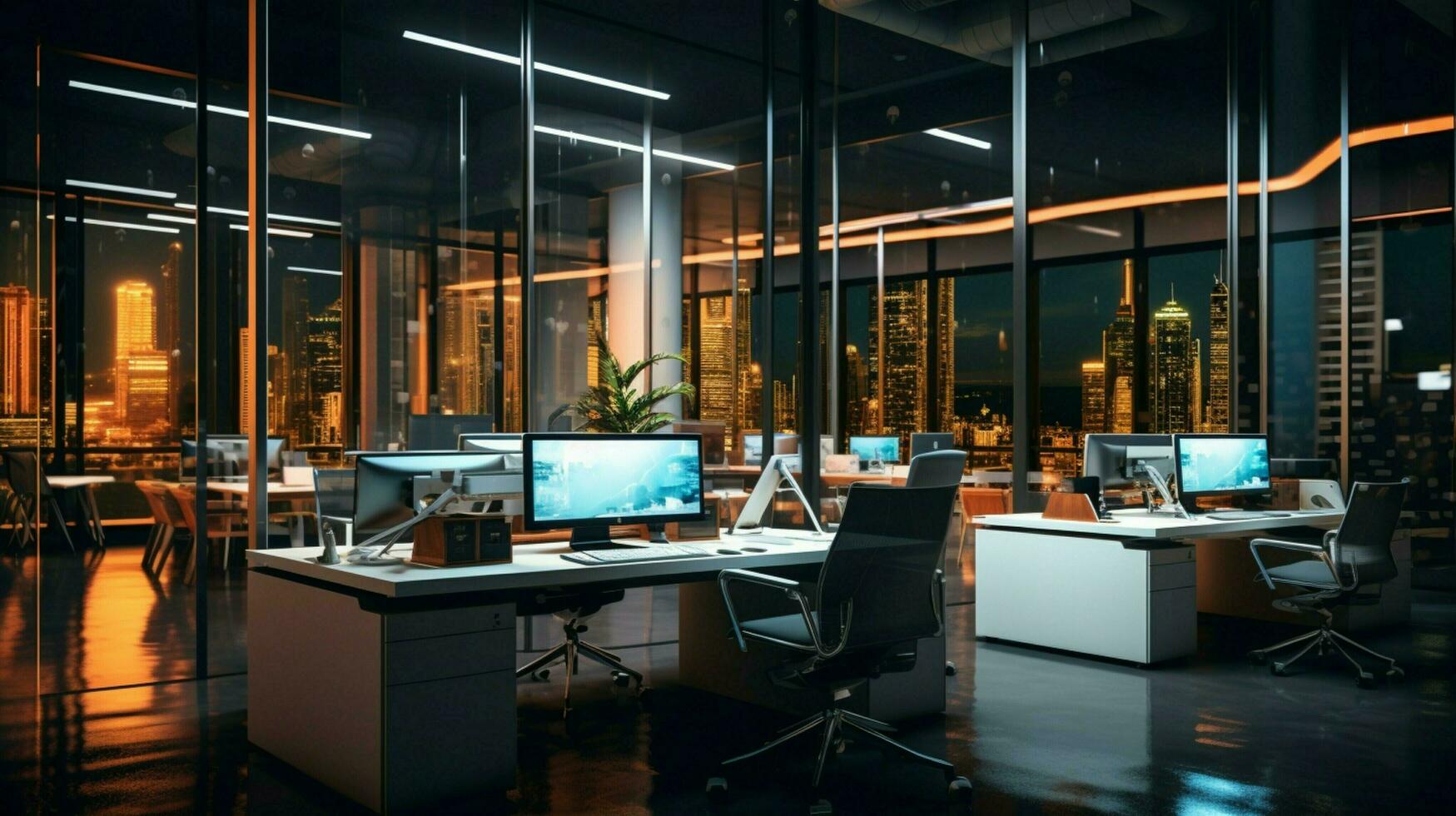 modern office space illuminated by glowing computer monitor photo
