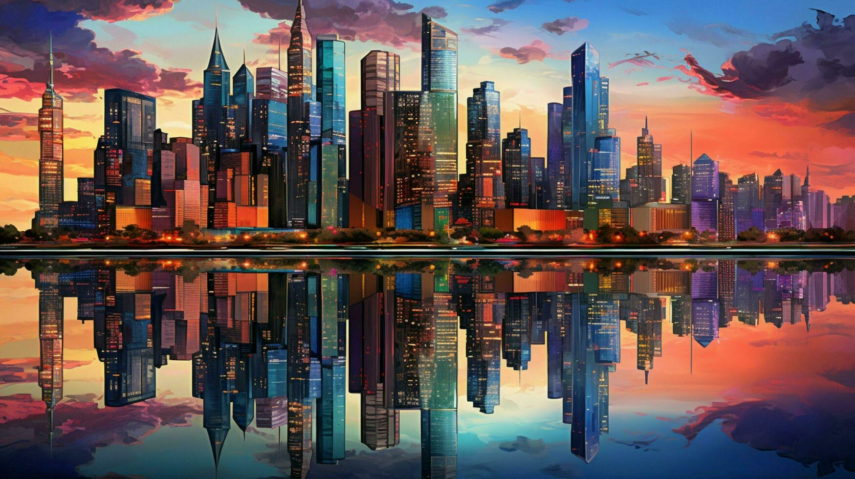 modern skyline reflects vibrant city life at dusk photo