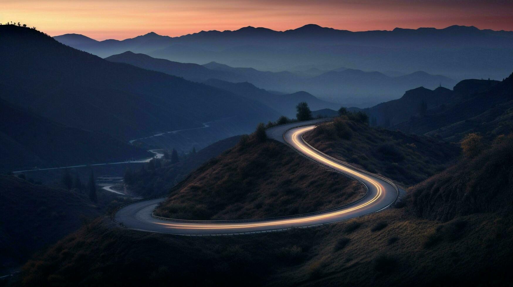 montaña paisaje a oscuridad asfalto curvas adelante aventurero foto