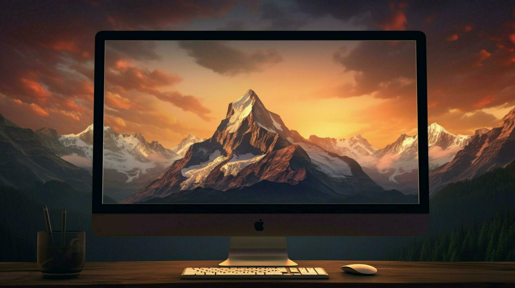 mountain landscape with computer monitor and sunset photo