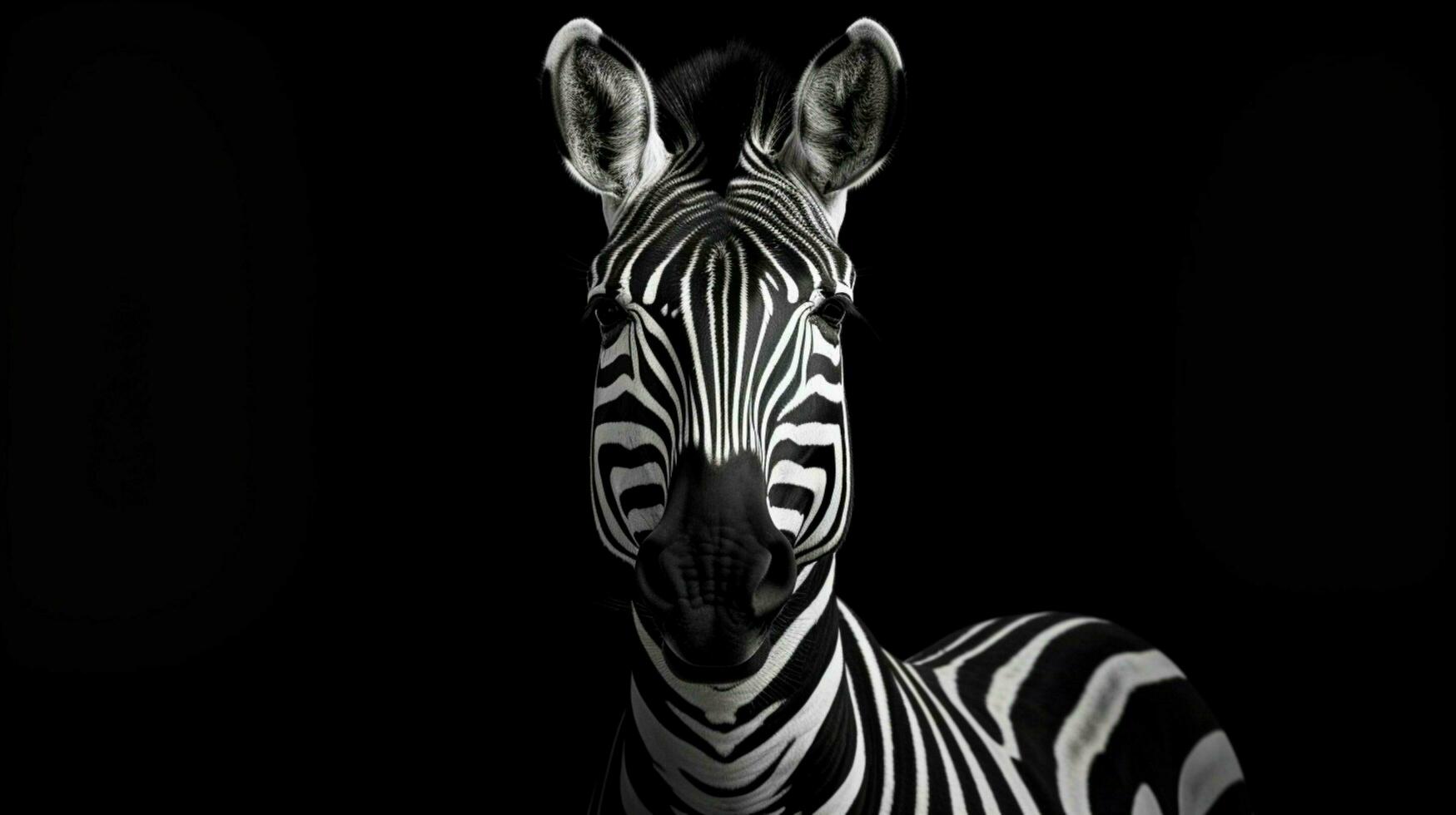 monochrome striped zebra stands on black background photo