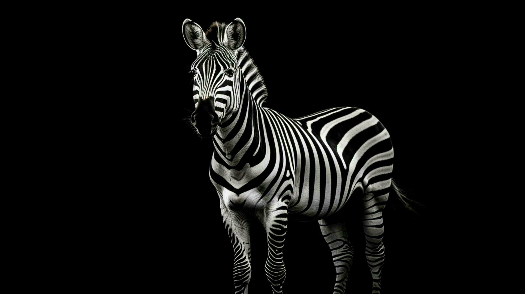 monochrome striped zebra stands on black background photo