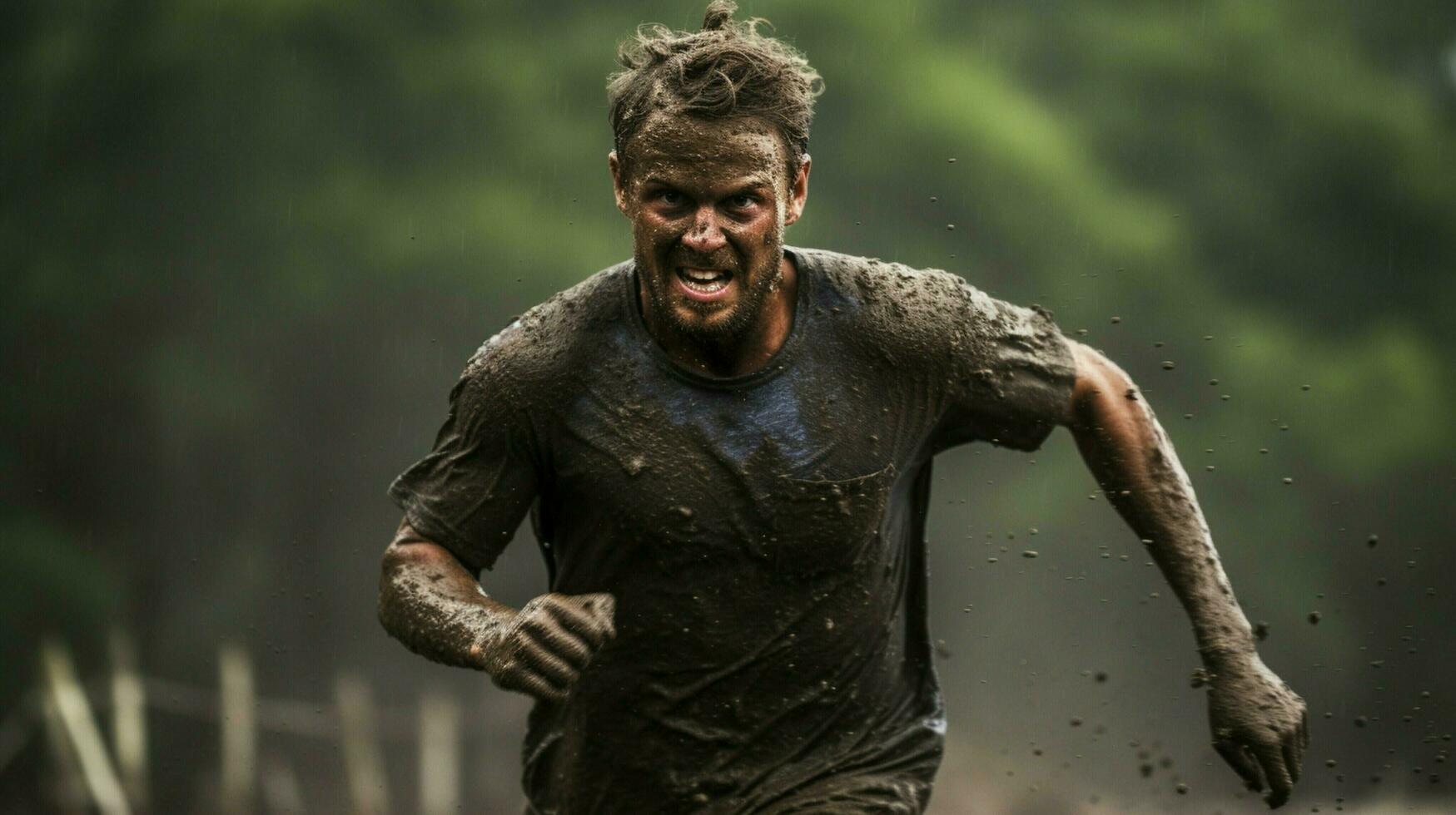 mud splashed athlete races through rainy wilderness photo