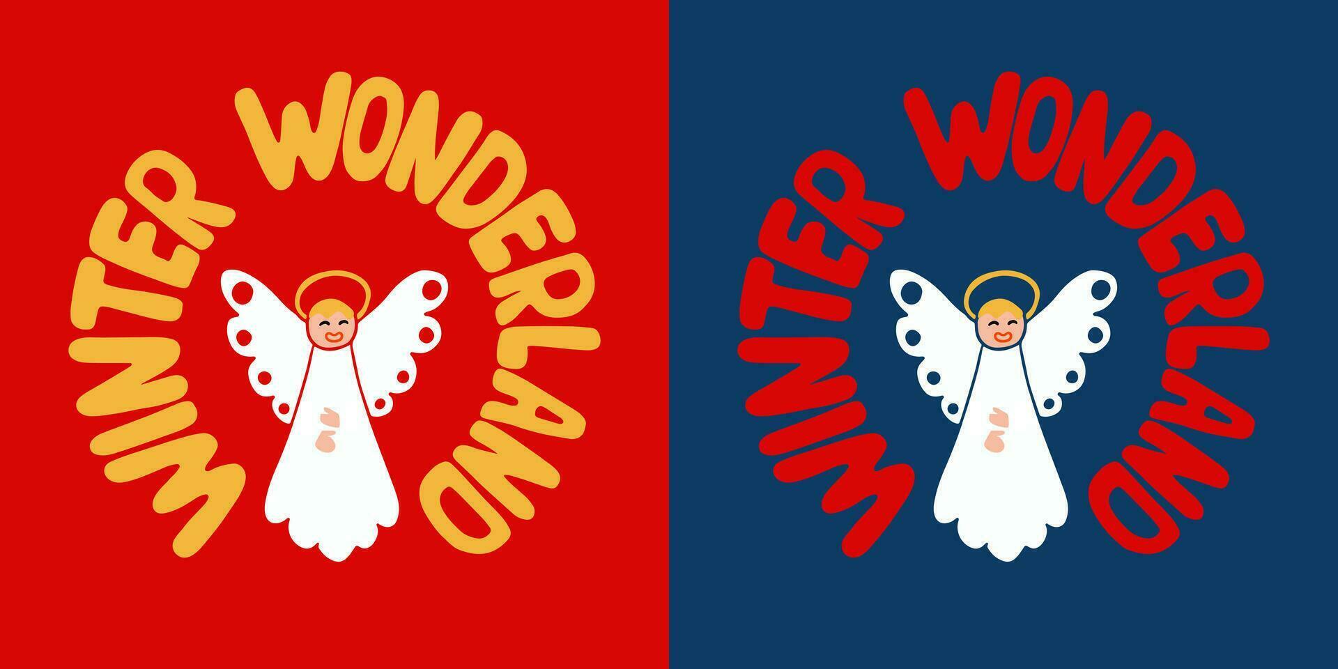 Winter retro groovy print design with angel in minimalistic childish style. Flat hand drawn slogan Winter Wonderland in round shape. Unique retro design for posters, shirt, printouts, greeting cards vector