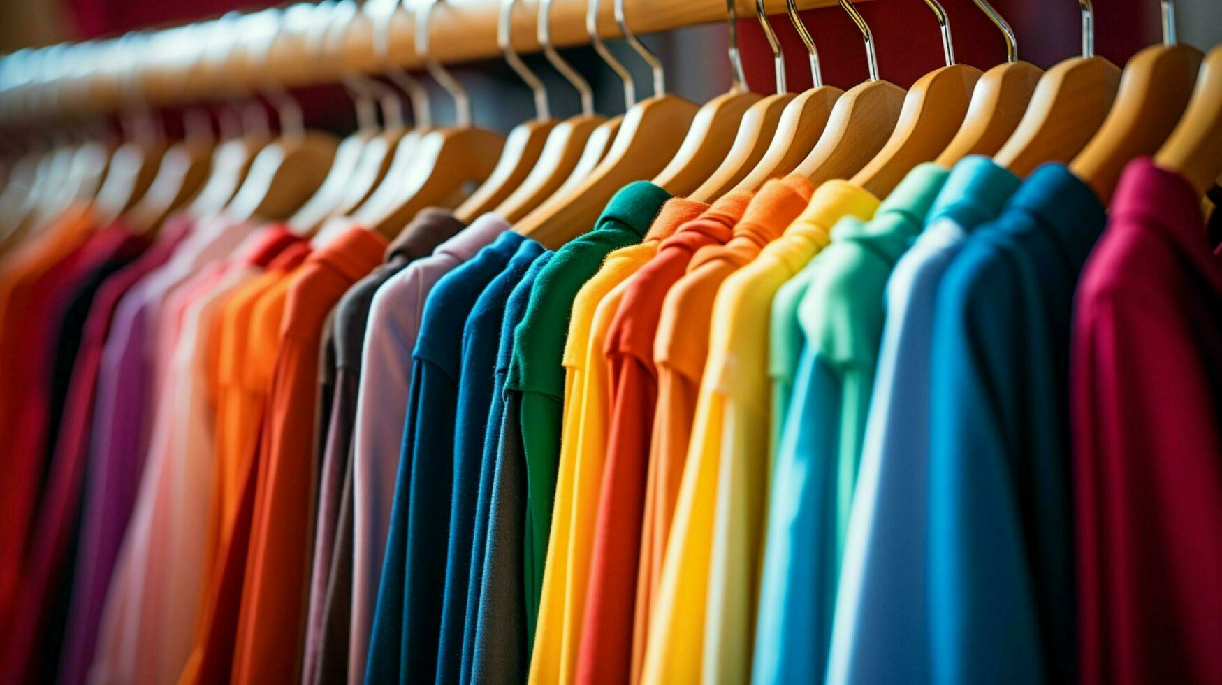 multi colored garments hang on coathangers in retail store photo