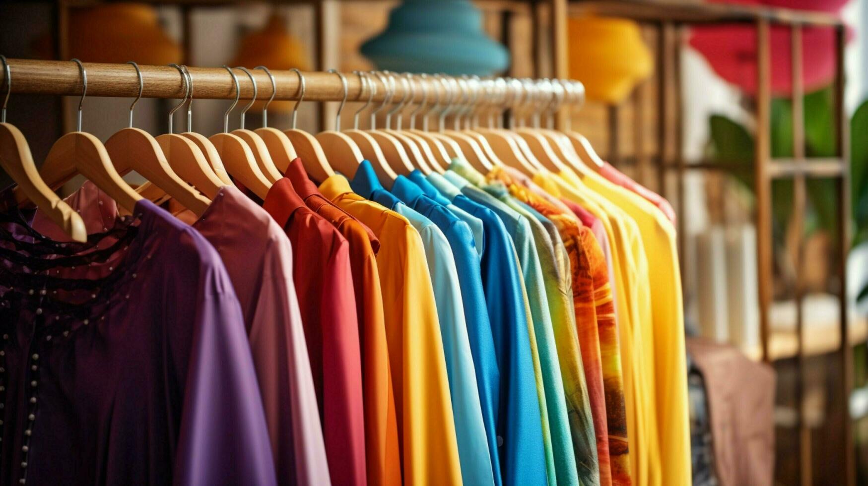 multi colored garments hanging on coathangers in boutique photo