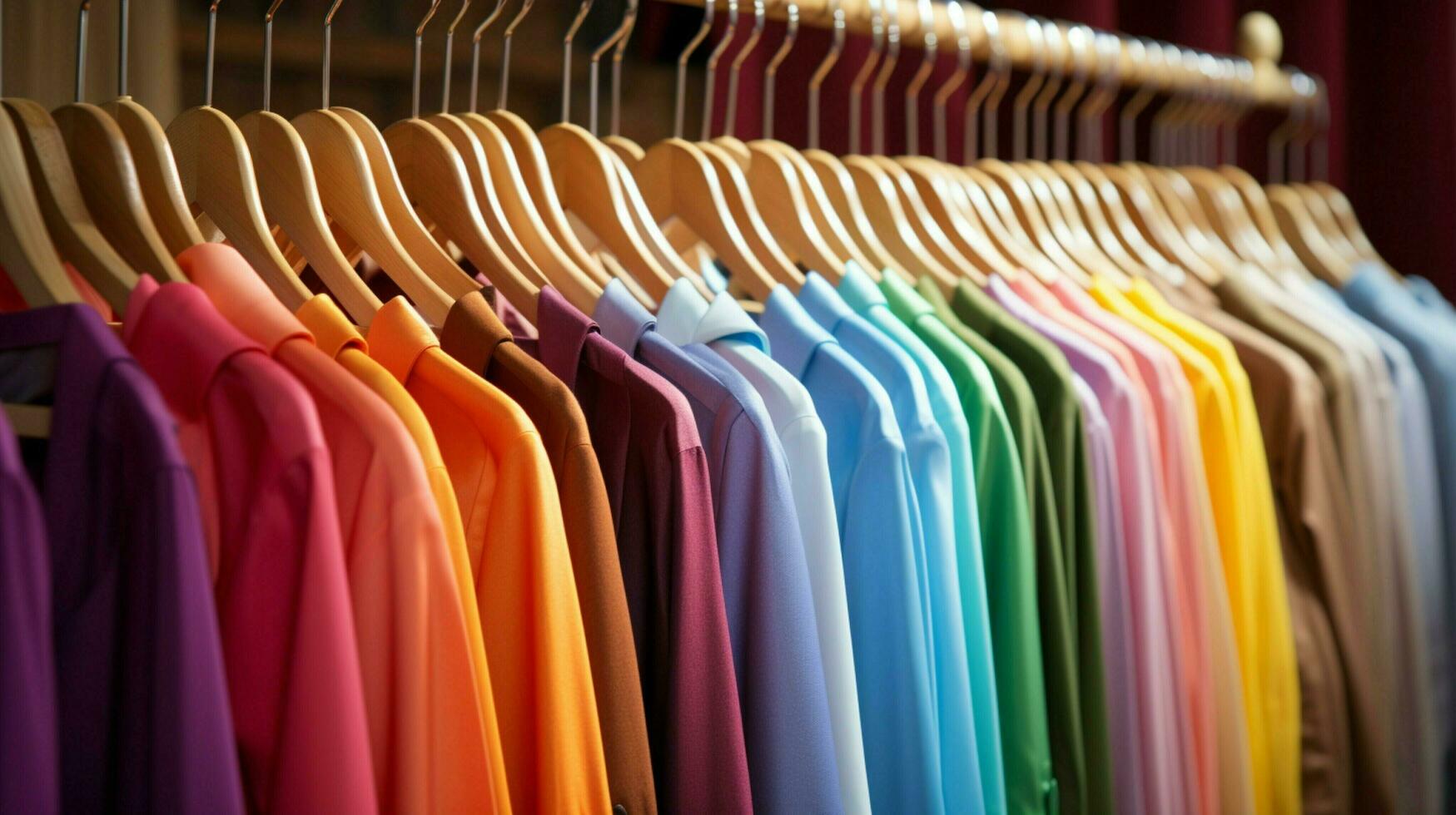 multi colored garments hanging on coathangers in boutique photo