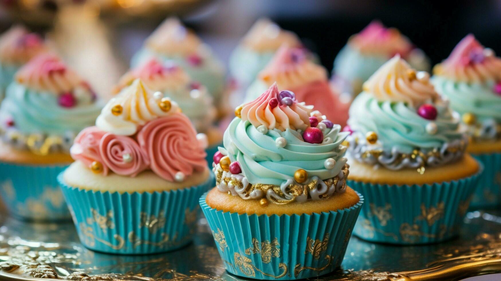 multi colored gourmet cupcakes with ornate decorations photo