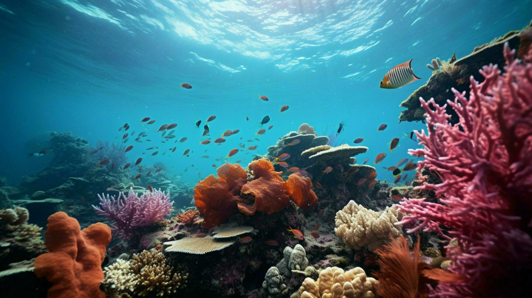 multi ed fish swarm soft coral in tropical reef photo