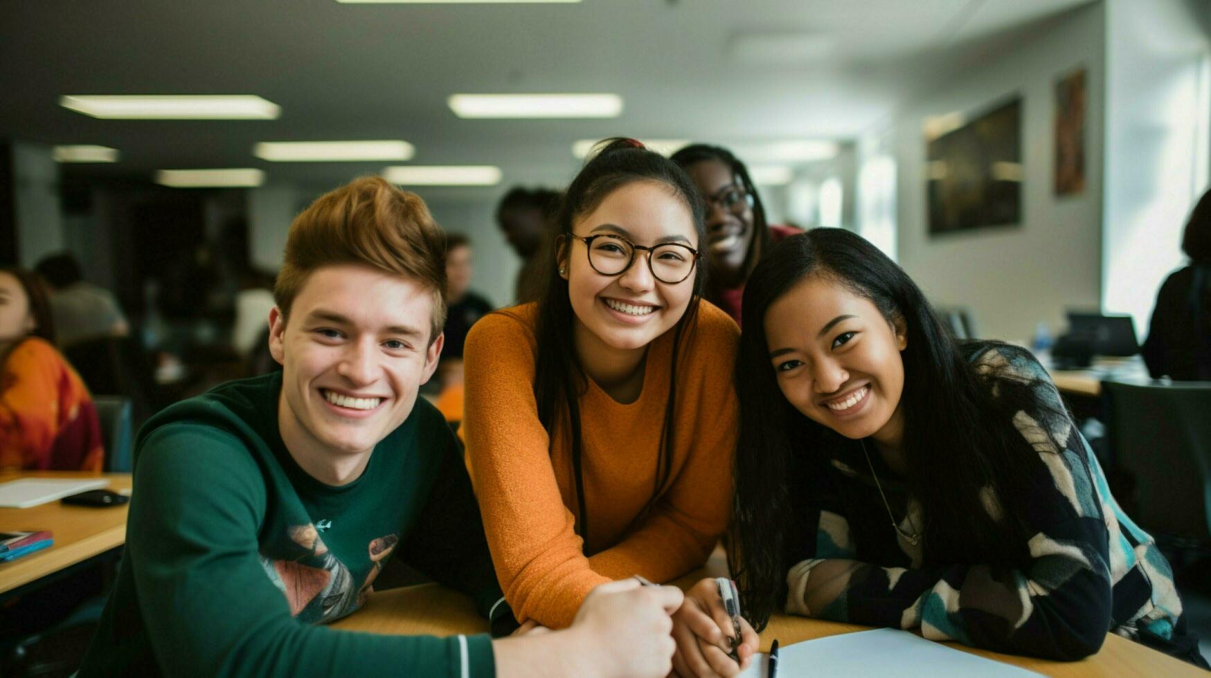 multi étnico estudiantes en salón de clases sonriente aprendizaje Llegar foto
