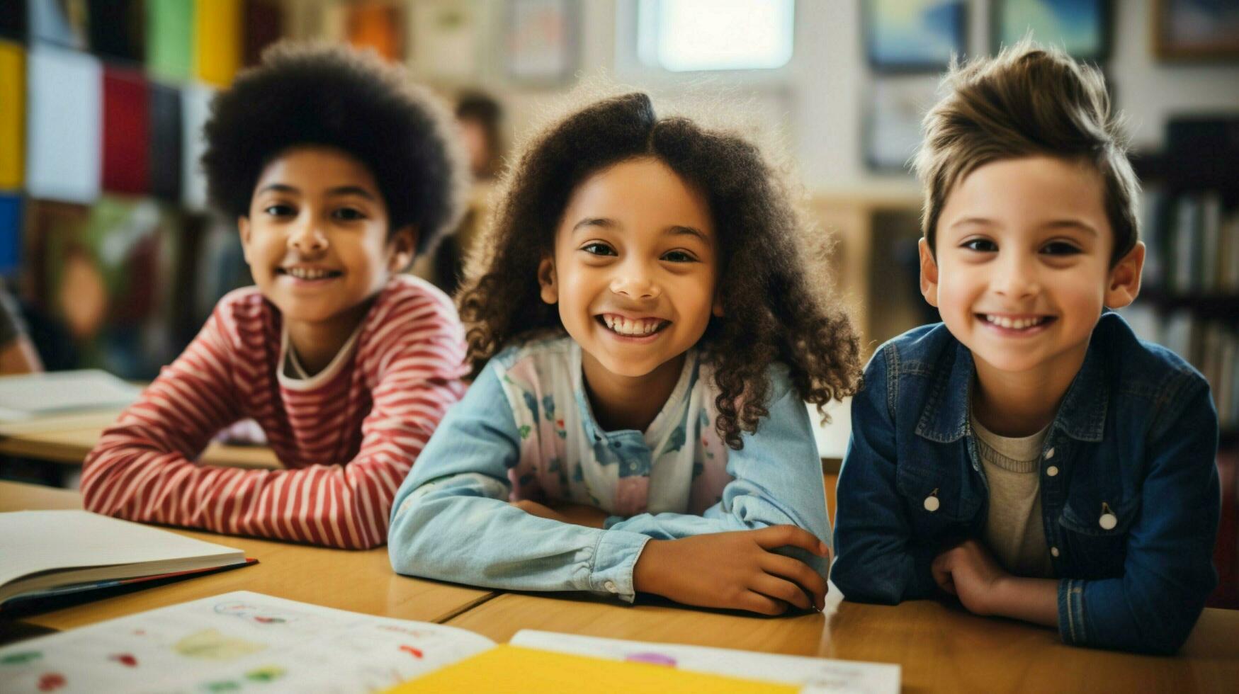 multi ethnic students in classroom smiling learning toget photo