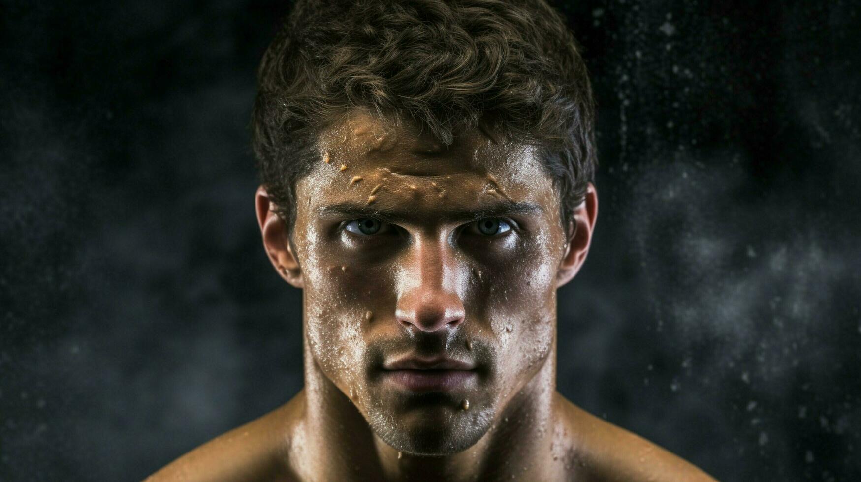 muscular athlete determination in eyes shirtless portrait photo