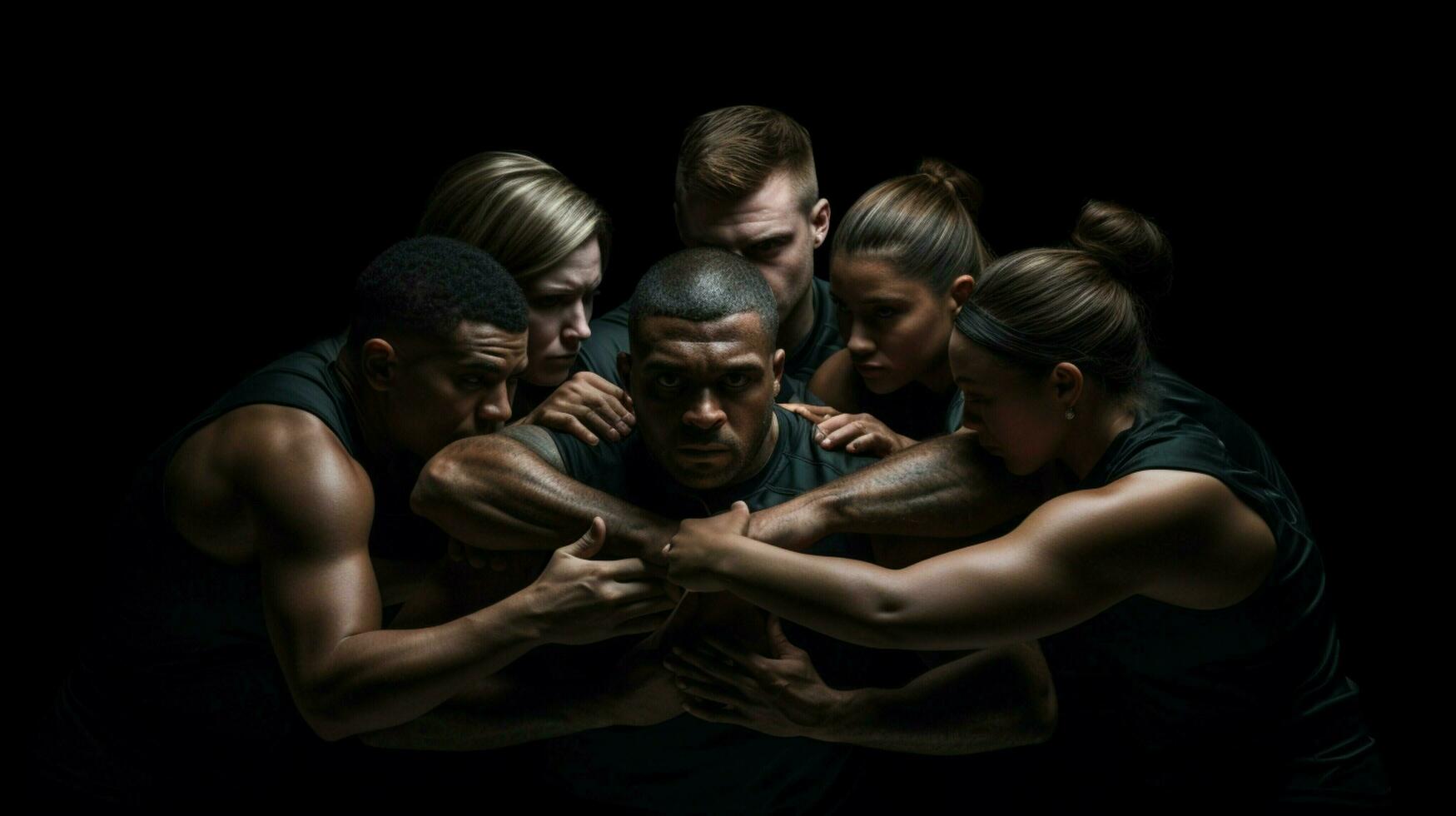 muscular athletes practicing teamwork in black background photo