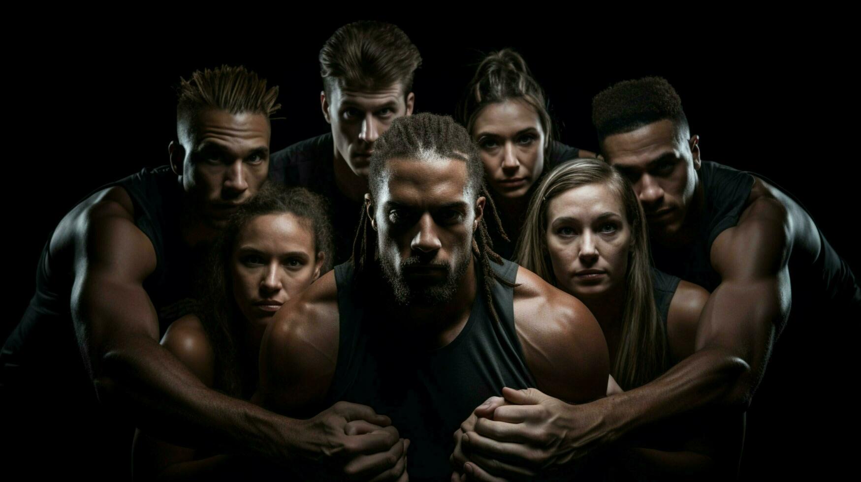 muscular athletes practicing teamwork in black background photo