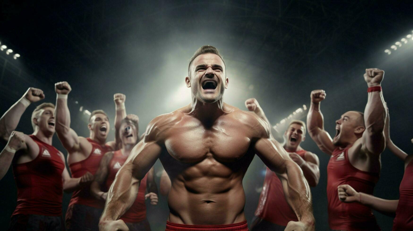 muscular footballer celebrates with team under lights photo