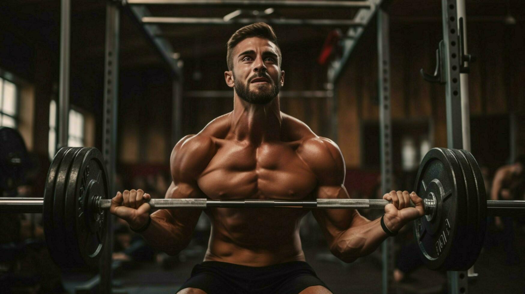 muscular man lifting weights in health club photo