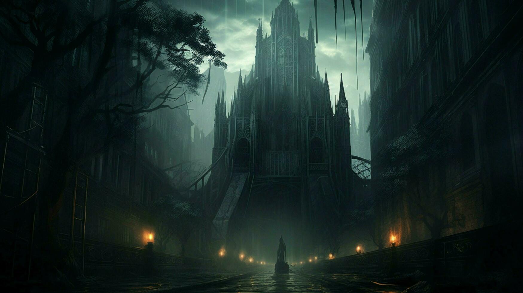 night falls on a spooky gothic skyscraper photo