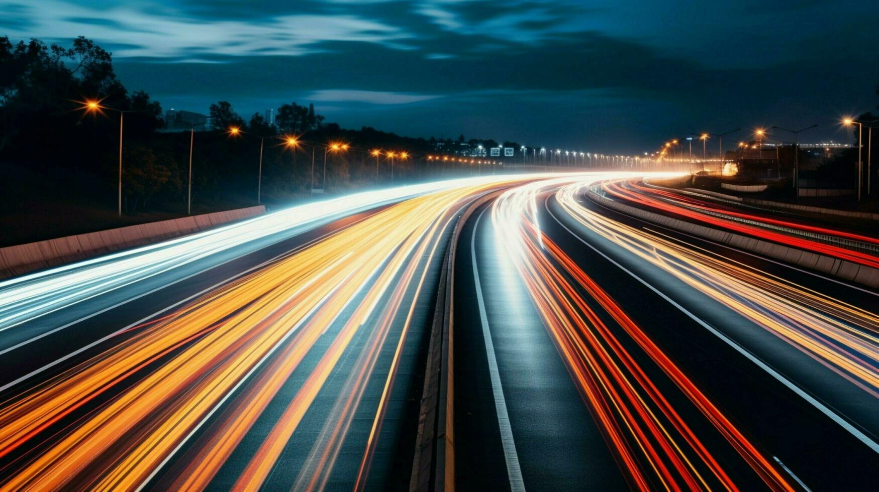 nighttime traffic blurs along dark multiple lane highway photo