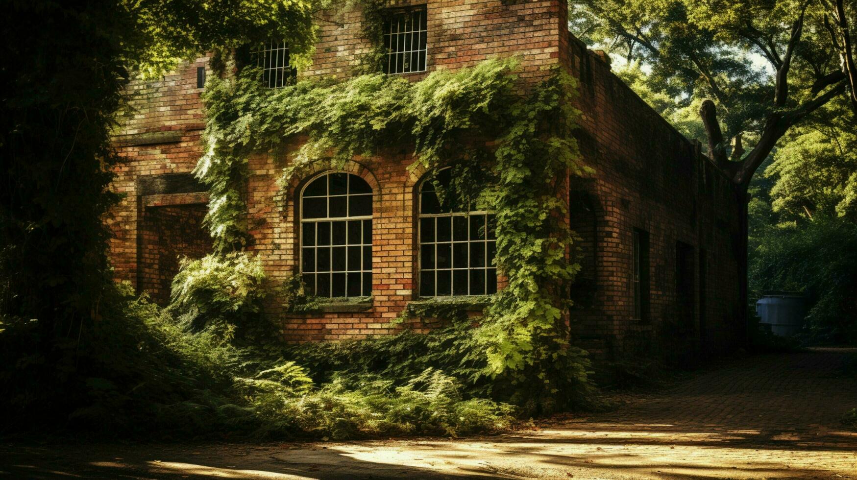 old brick building feature surrounded by nature leafy photo