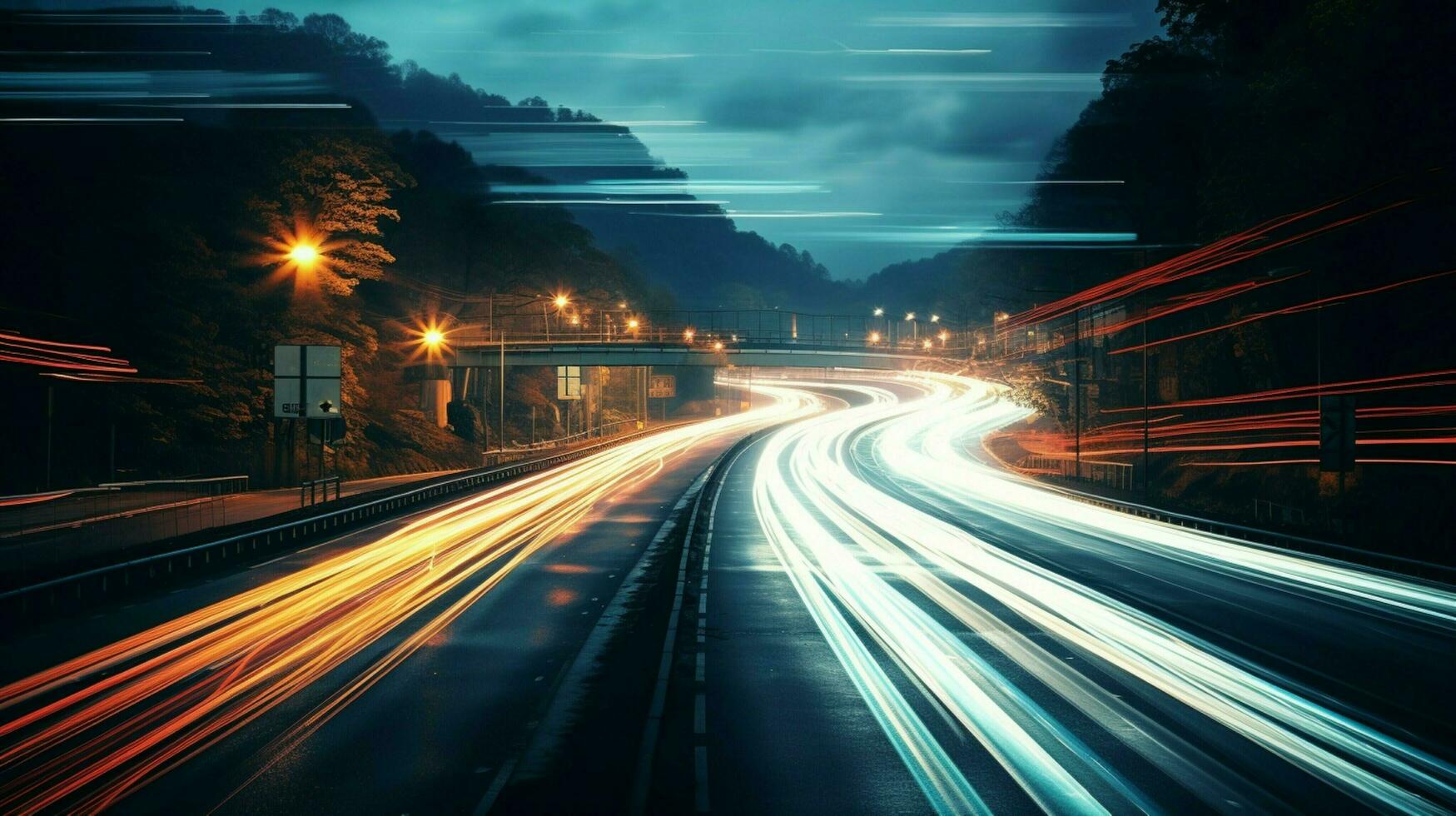 nighttime traffic blurs along dark multiple lane highway photo