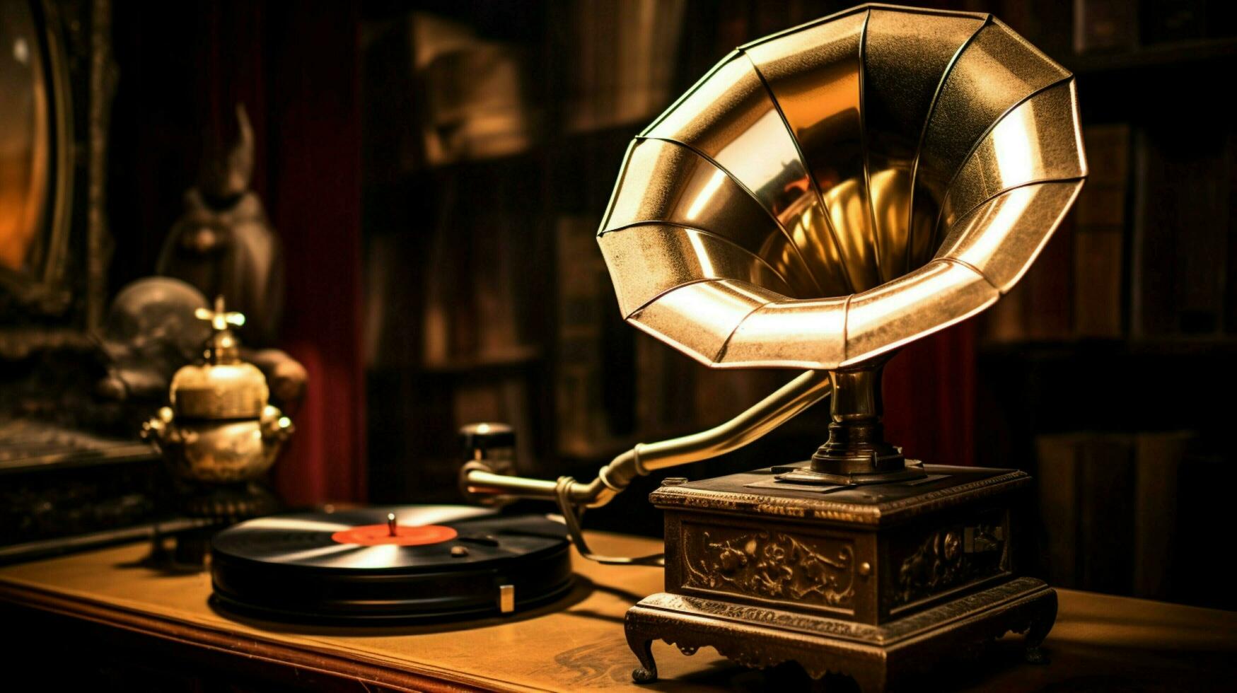 old fashioned gramophone and metal turntable foreground photo