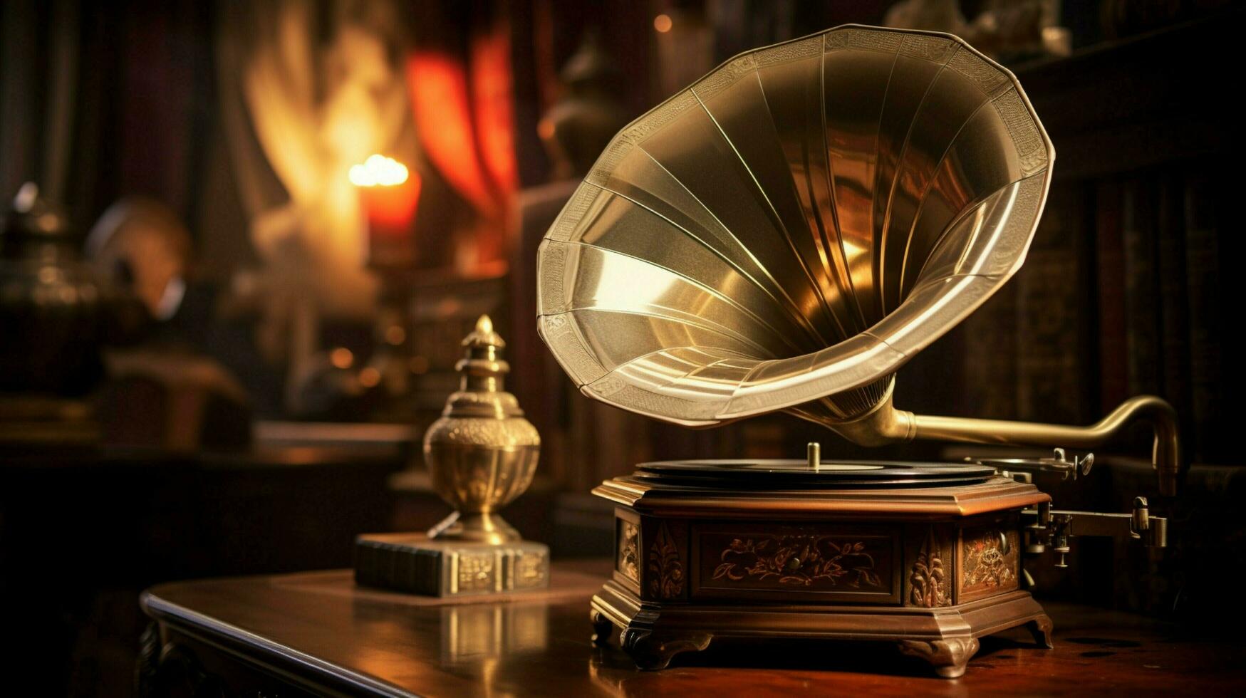 old fashioned gramophone and metal turntable foreground photo