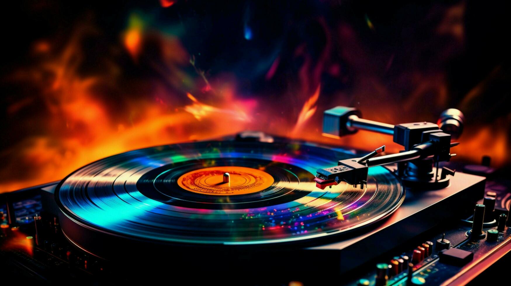 old fashioned turntable playing multi colored disco disk photo