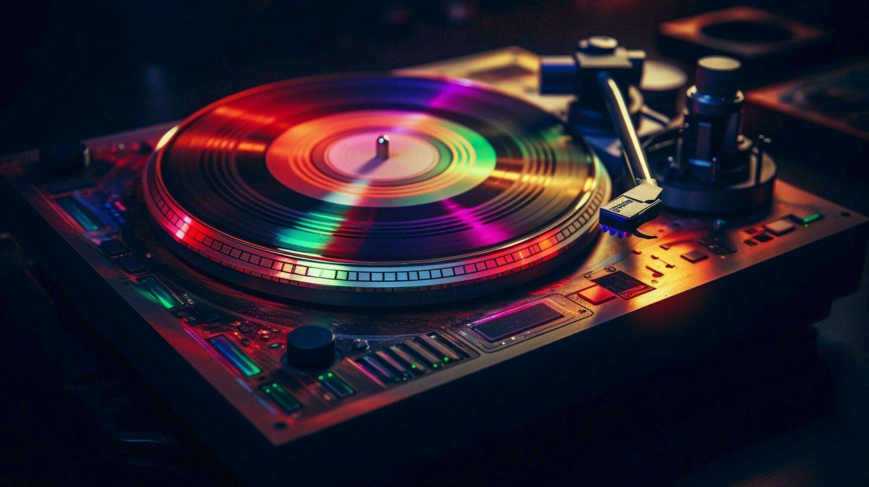 old fashioned turntable playing multi colored disco disk photo