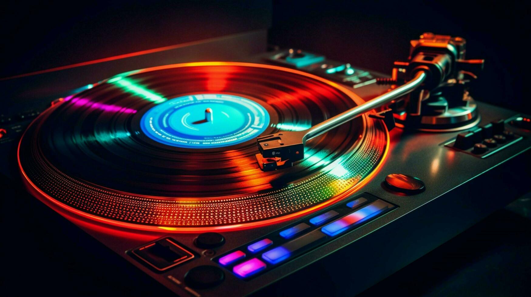 old fashioned turntable playing multi colored disco disk photo