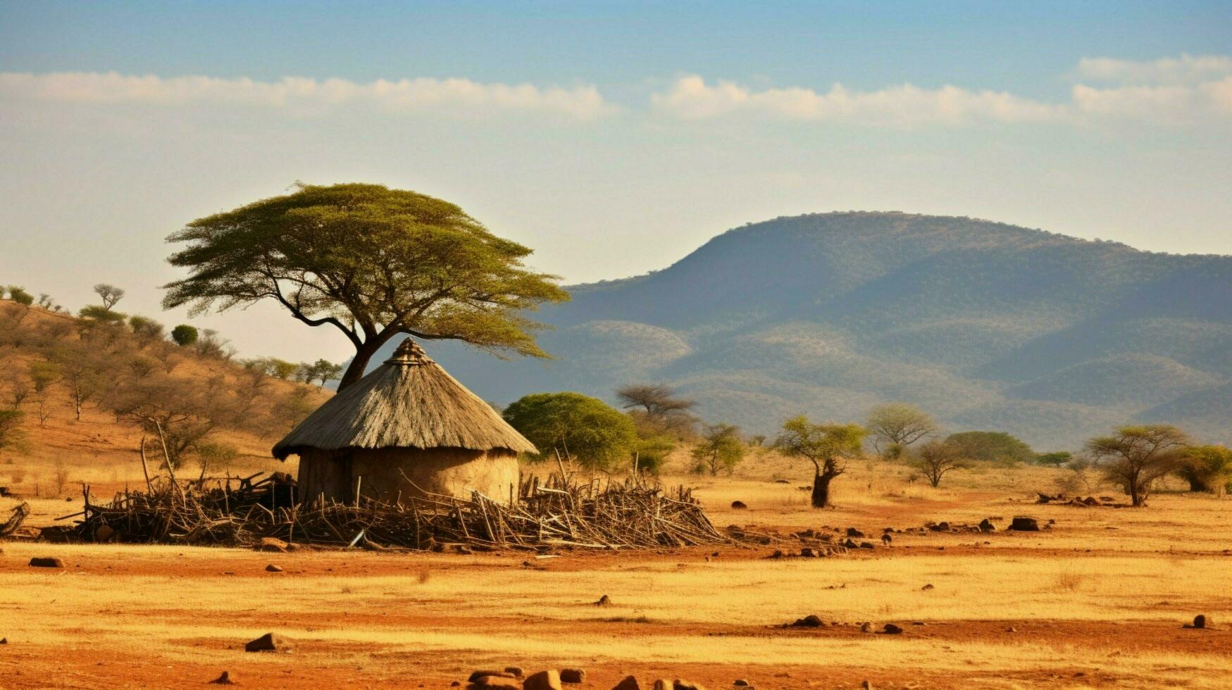 old thatched roof cottage in african landscape photo