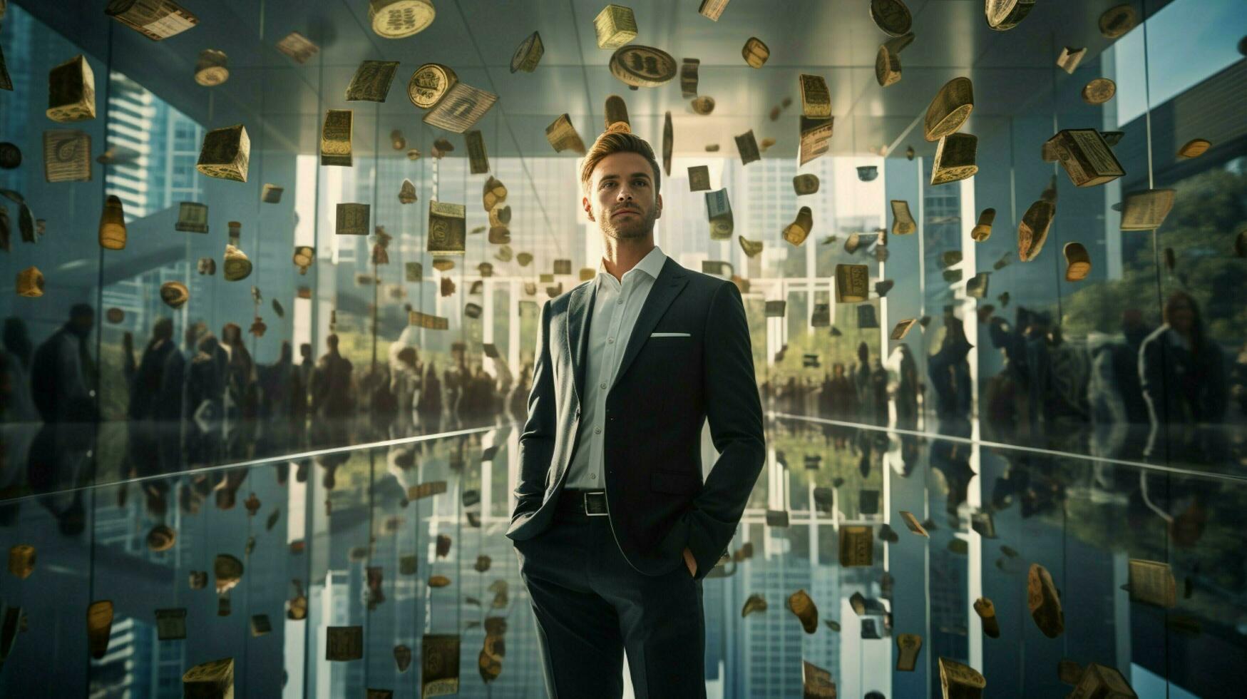 one businessman standing holding currency reflecting photo