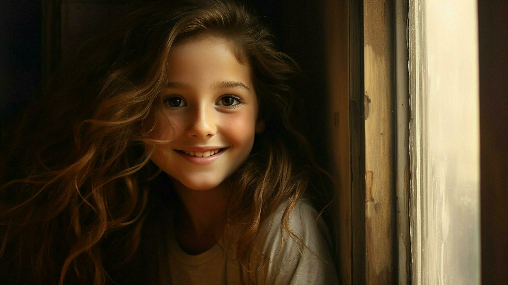 one cute girl with brown hair looking through window smiling photo