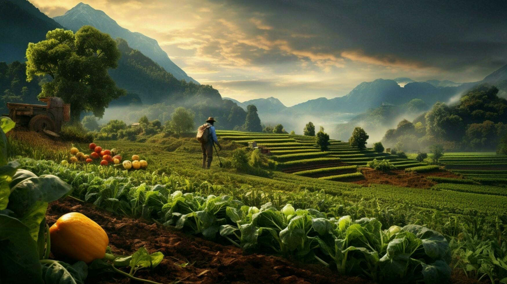 one farmer harvesting fresh organic vegetables outdoors photo