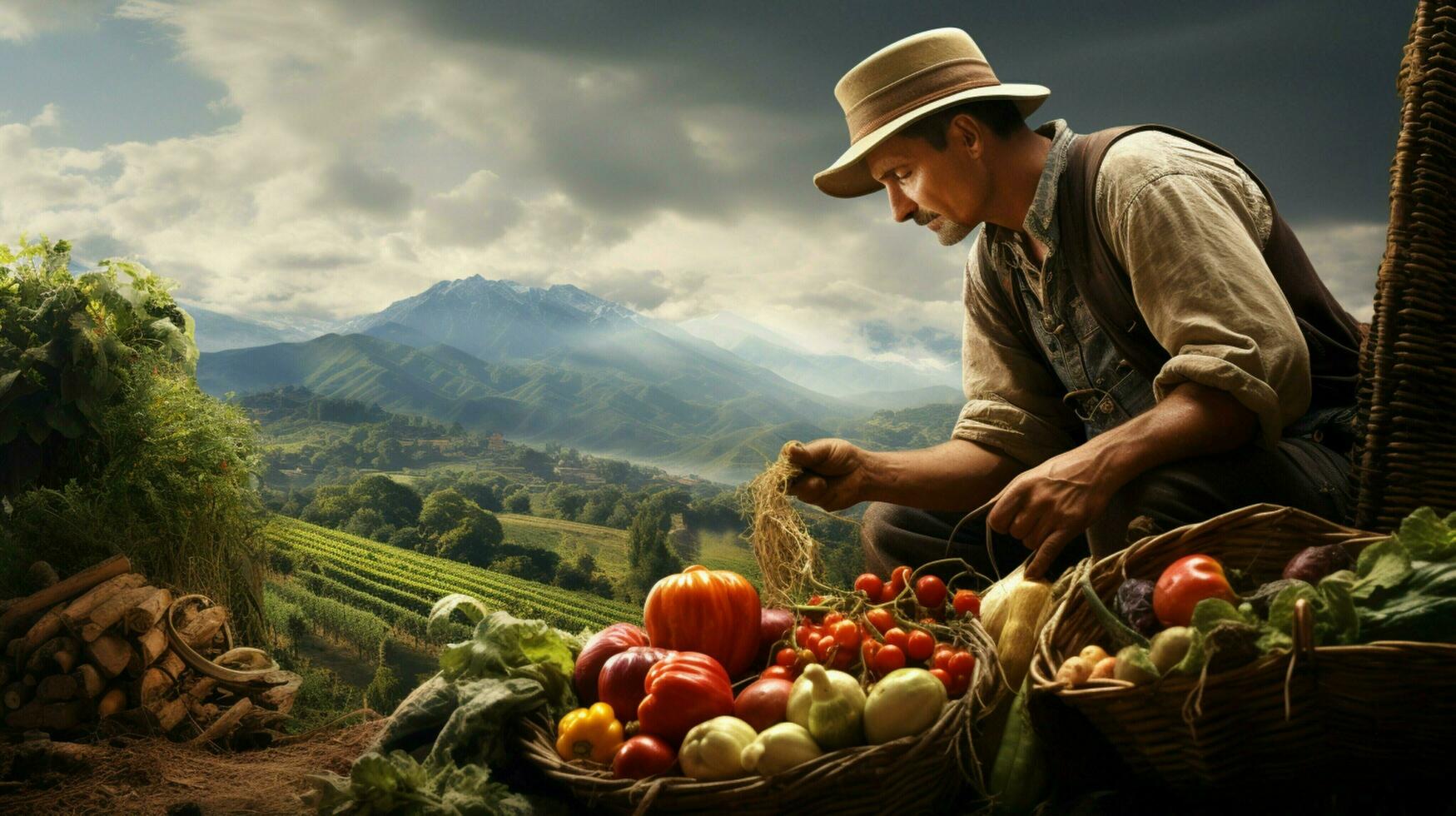 uno granjero cosecha Fresco orgánico vegetales al aire libre foto