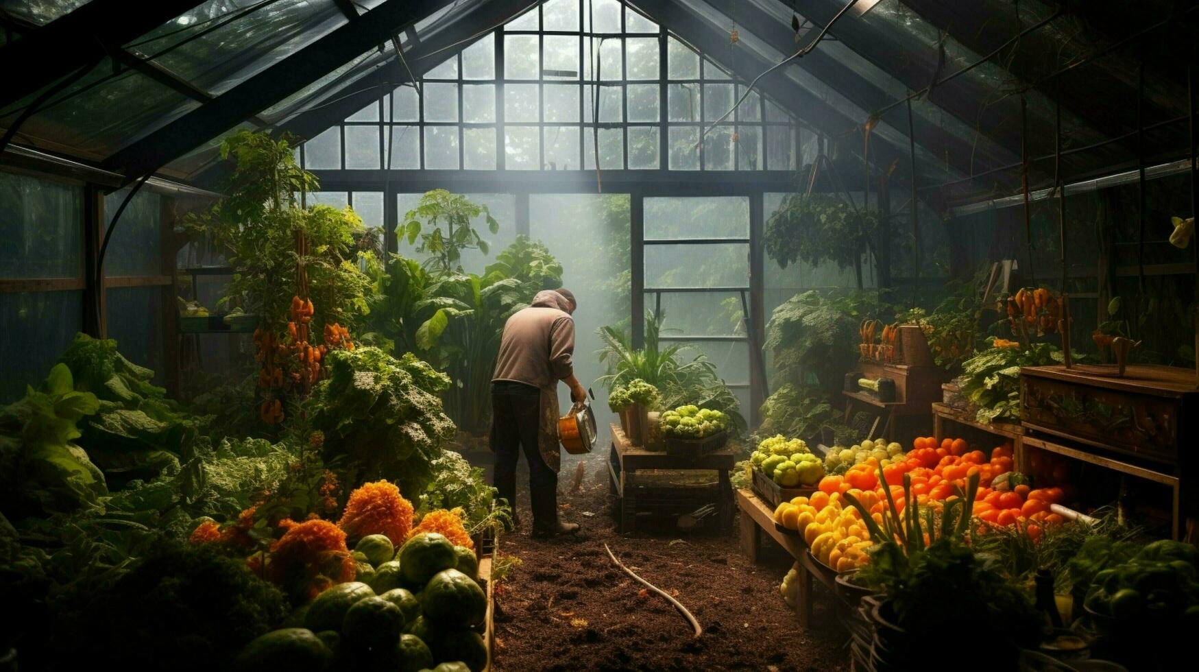 uno hombre cosecha Fresco vegetales en invernadero foto