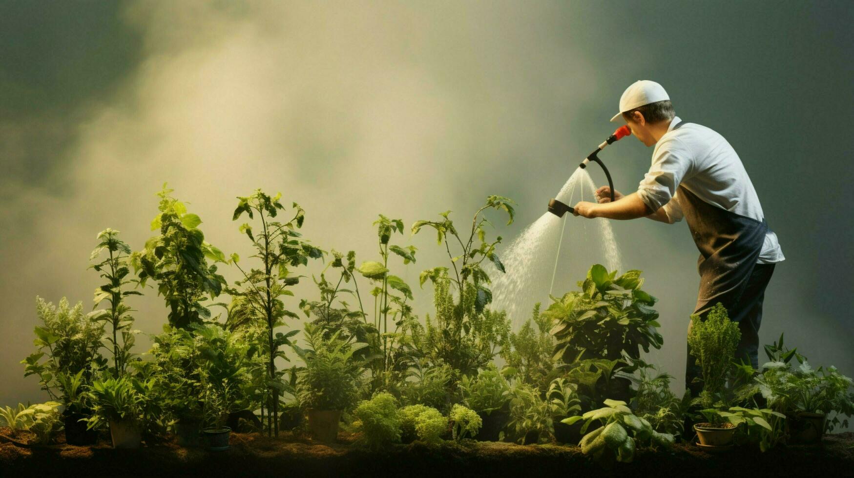 uno hombre pulverización agua en creciente plantas foto