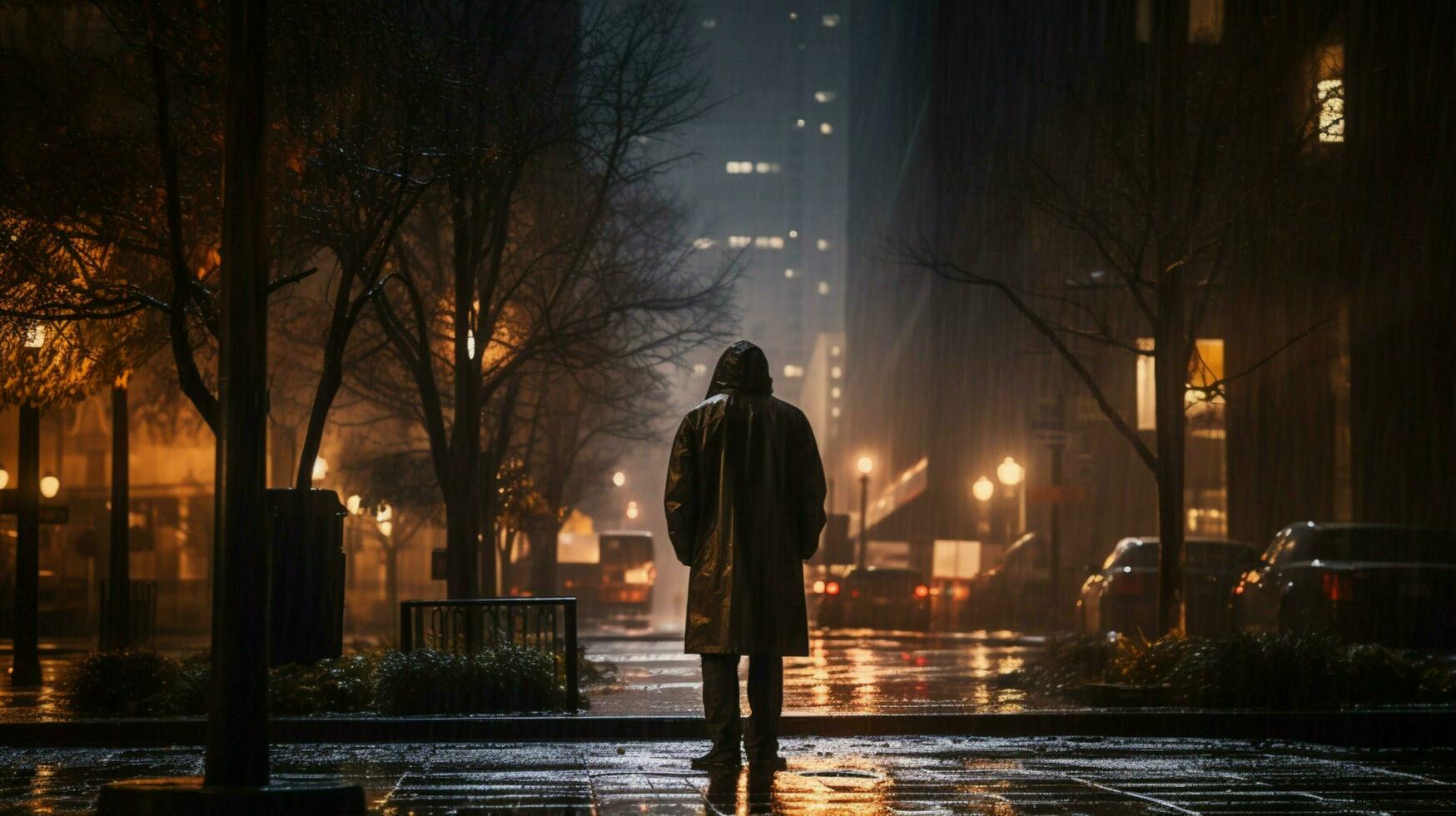 one man in raincoat alone in dark wet city photo