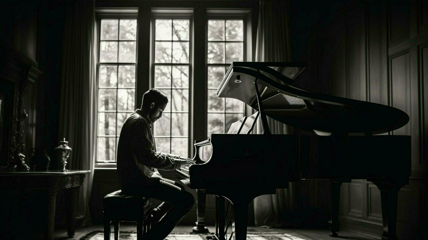 one musician playing a piano indoors in monochrome photo