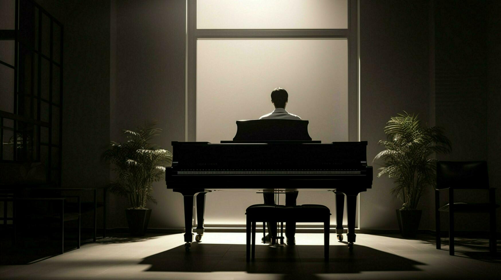 one musician playing a piano indoors in monochrome photo