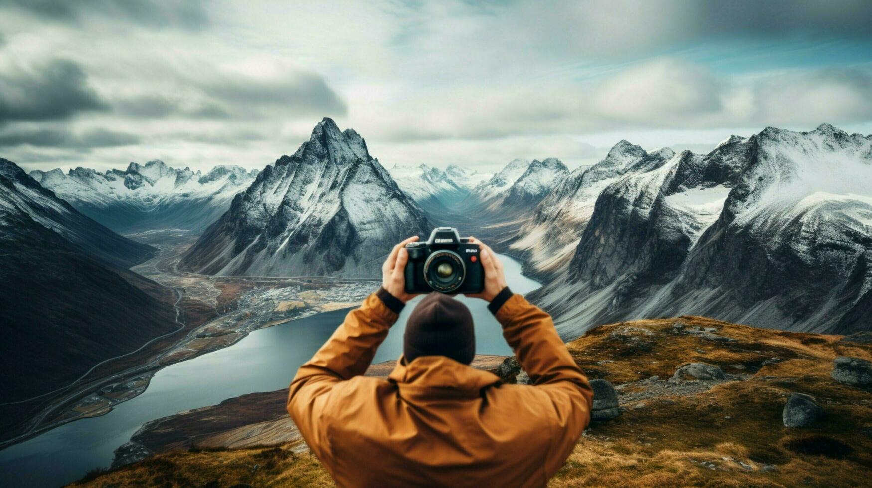 one person holding camera photographing mountain peak photo