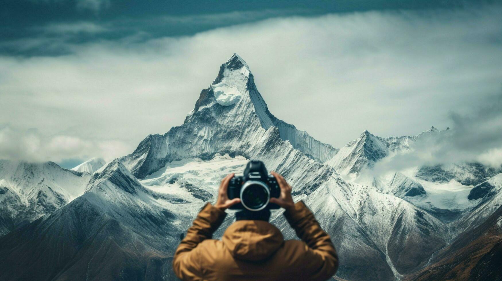 one person holding camera photographing mountain peak photo