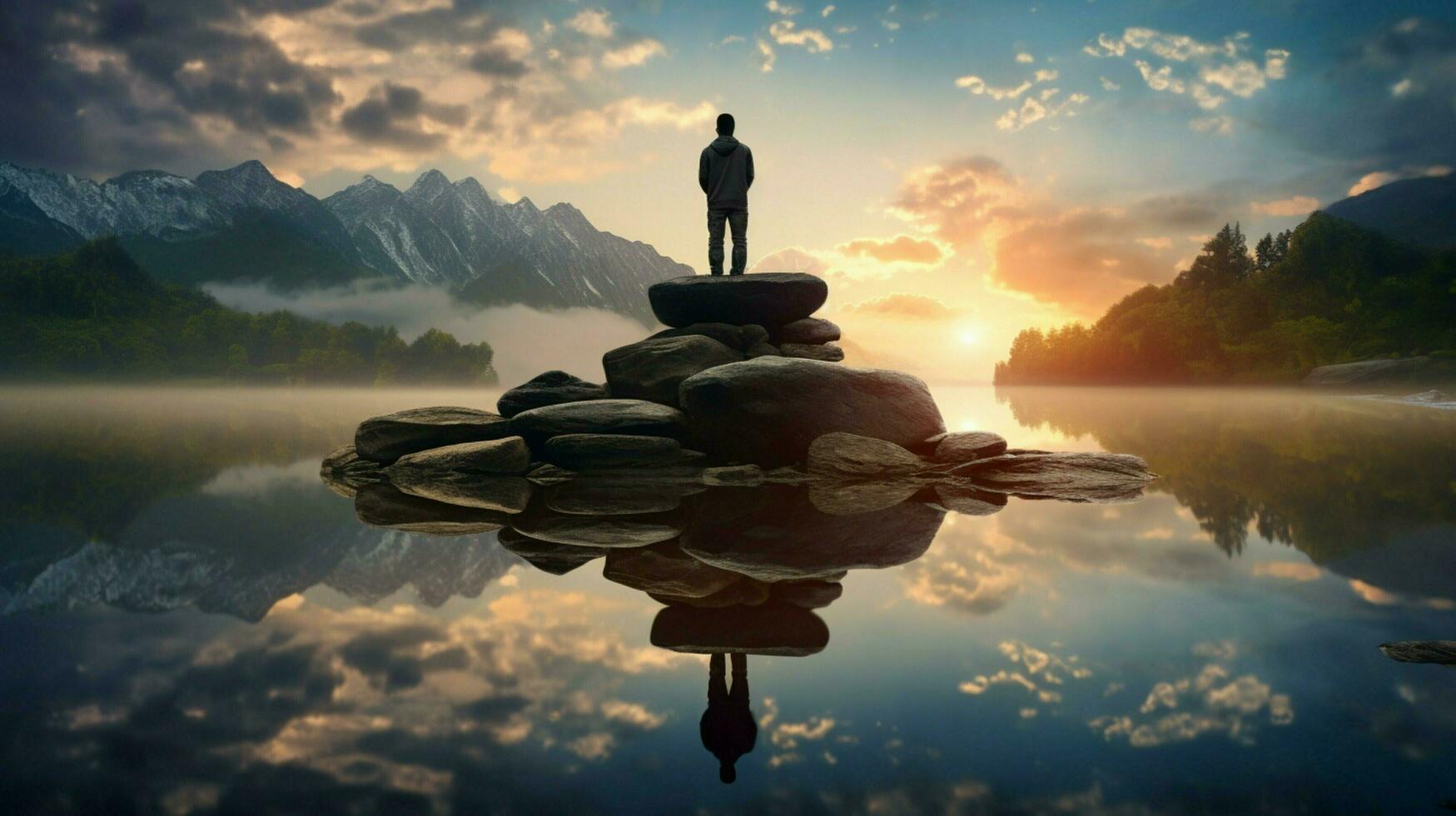 one person meditating standing on rock reflecting photo