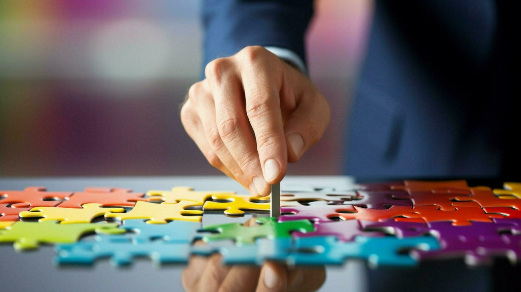 one person holding jigsaw puzzle solution success photo