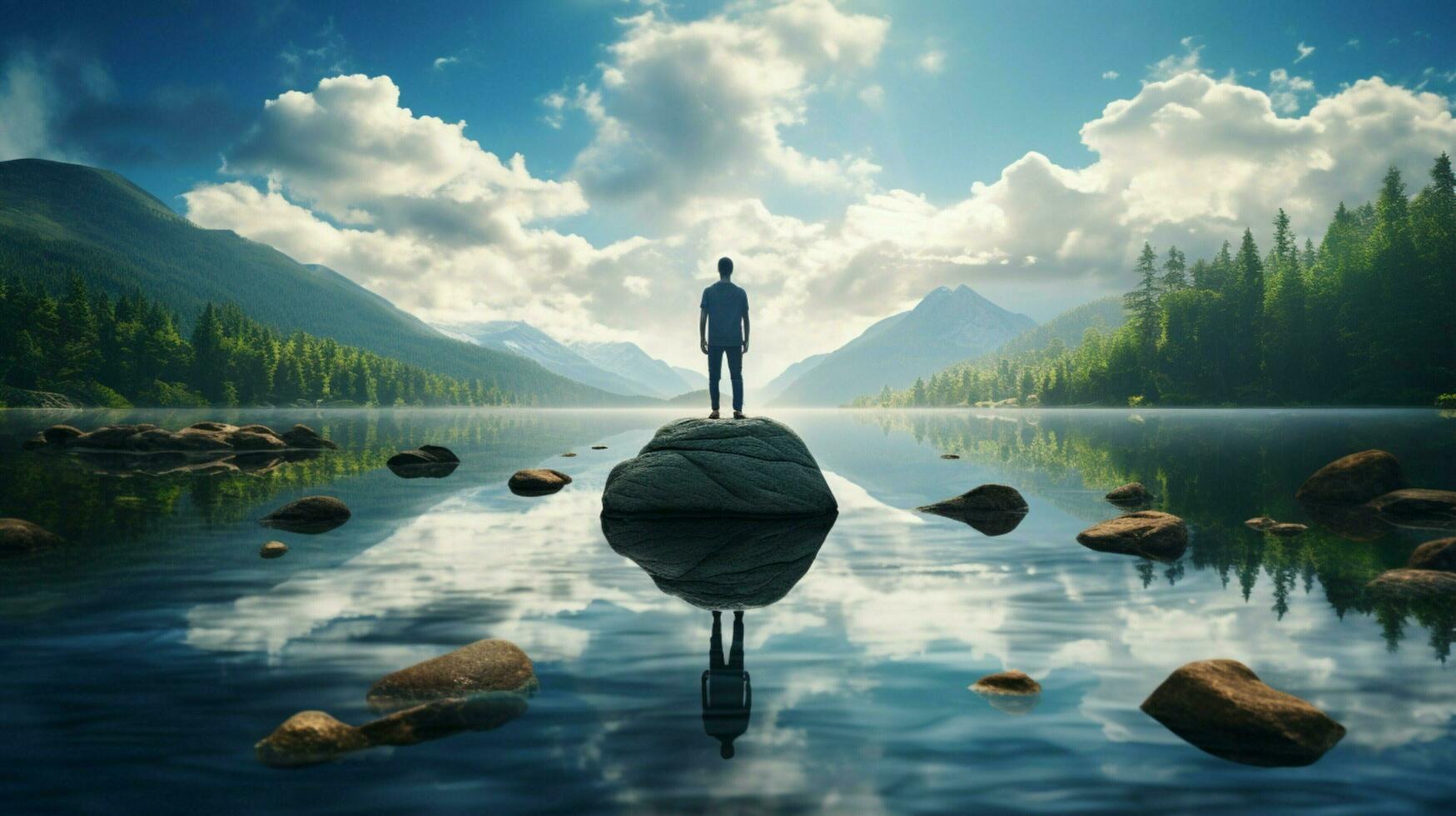 one person meditating standing on rock reflecting photo