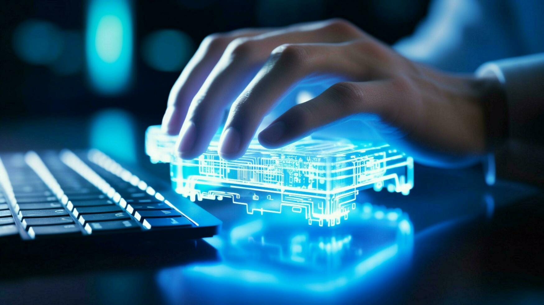 one person typing on futuristic glowing computer photo